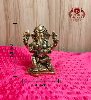 Brass Ganesha Idol Seated on Scalloped Base 5.2 Inch