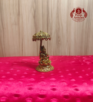 Premium Brass Lord Ganesha Idol With Royal Chatra Umbrella Statue 2.8 Inch