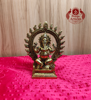 Premium Brass Seated Ganesha Idol with Prabhavali Frame 6.8 Inch