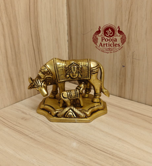 Brass Kamadhenu Cow and Calf Statue 3 Inch