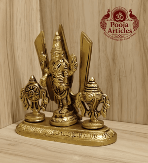 Brass Shankh Chakra Stand with Perumal Idol 4.7 Inch