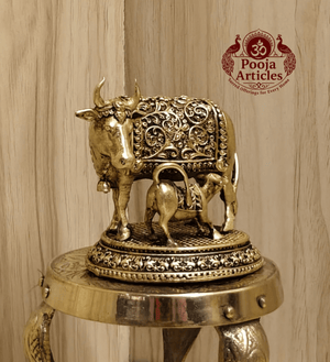 Premium Brass Kamdhenu Cow and Calf Statue 2.5 Inch