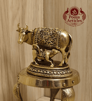 Premium Brass Kamdhenu Cow and Calf Statue 2.5 Inch