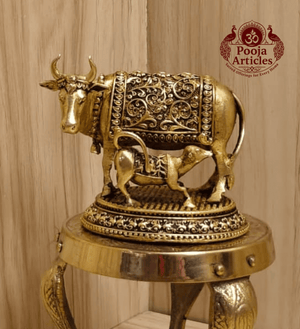 Premium Brass Kamdhenu Cow and Calf Statue 2.5 Inch