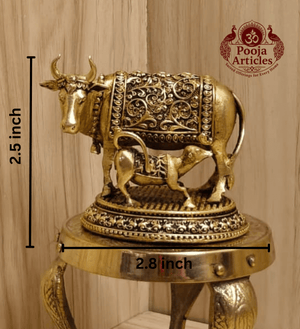 Premium Brass Kamdhenu Cow and Calf Statue 2.5 Inch