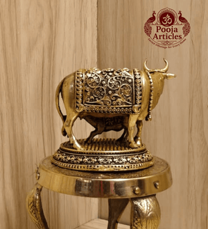 Premium Brass Kamdhenu Cow and Calf Statue 2.5 Inch