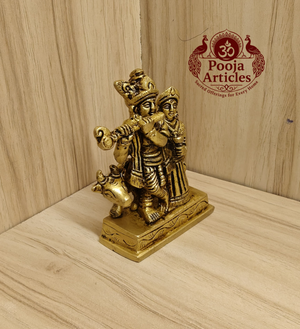 Brass Radha Krishna with Cow Idol 3.2 Inch