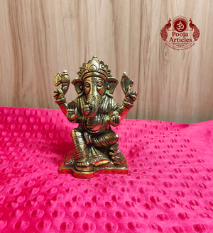 Brass Ganesha Idol Seated on Scalloped Base 5.2 Inch