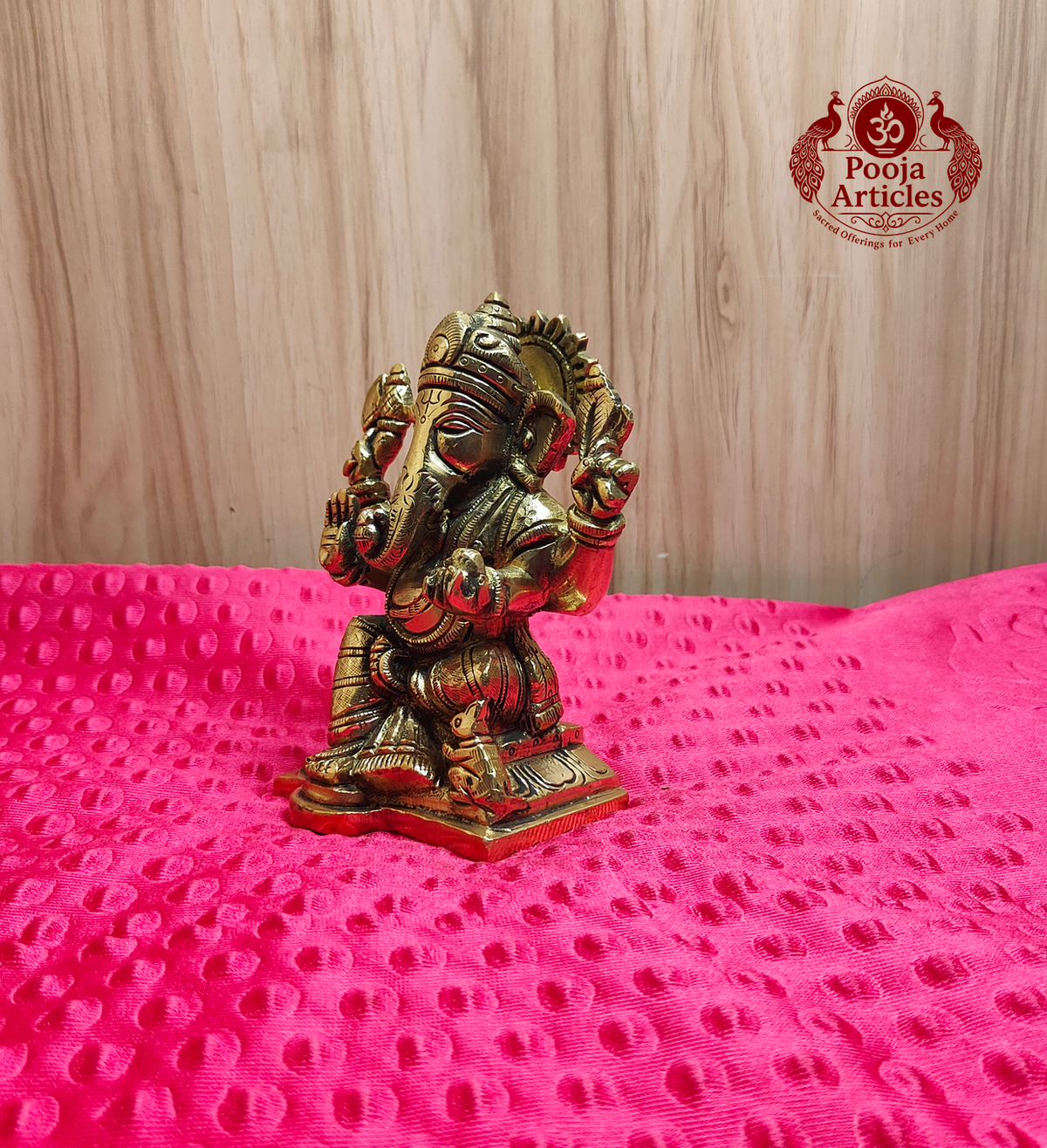 Brass Ganesha Idol Seated on Scalloped Base 5.2 Inch