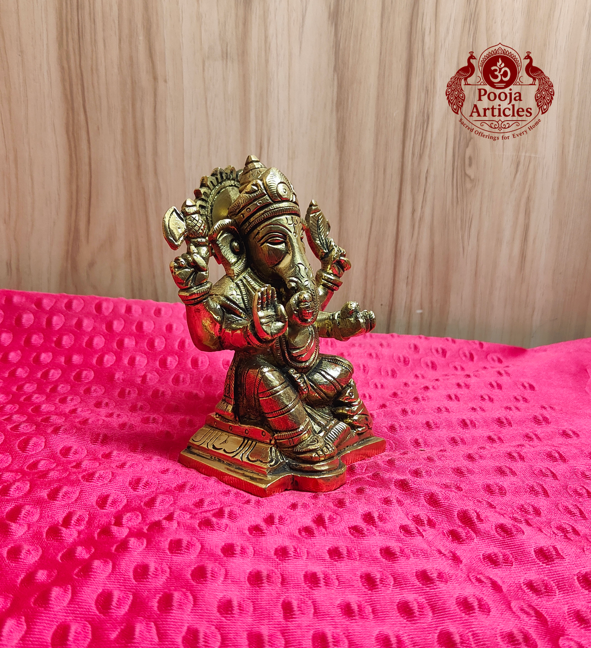 Brass Ganesha Idol Seated on Scalloped Base 5.2 Inch
