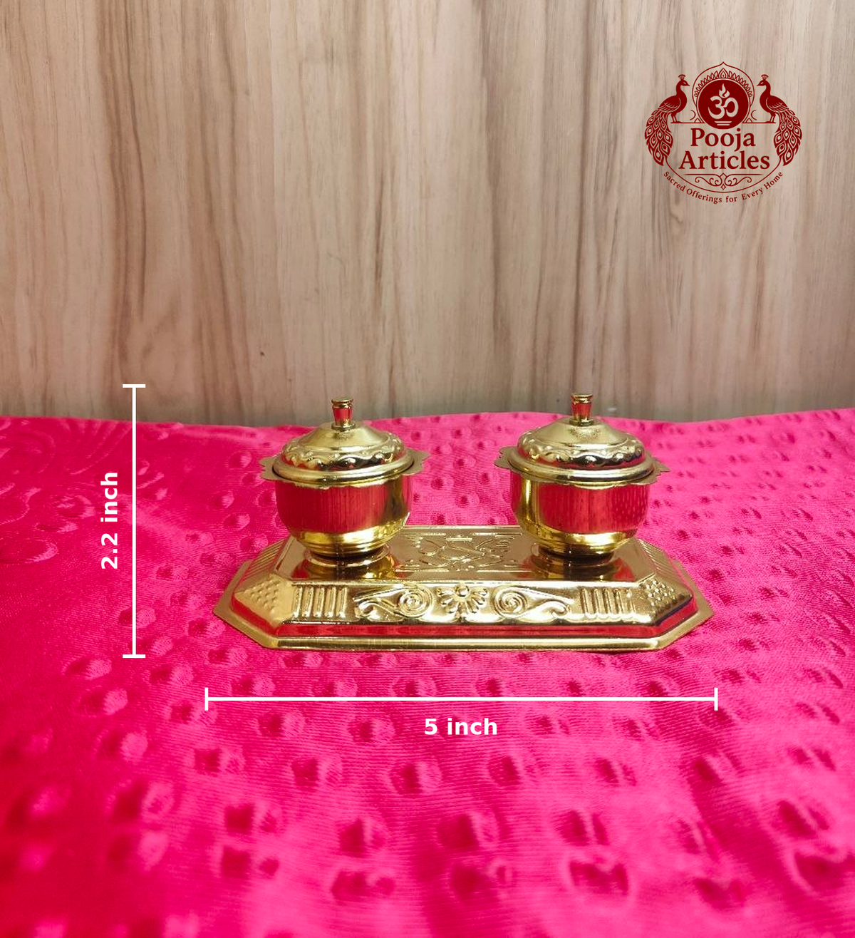 Brass Haldi Kumkum Holder Box with Lid and Base Tray 2.2 Inch 