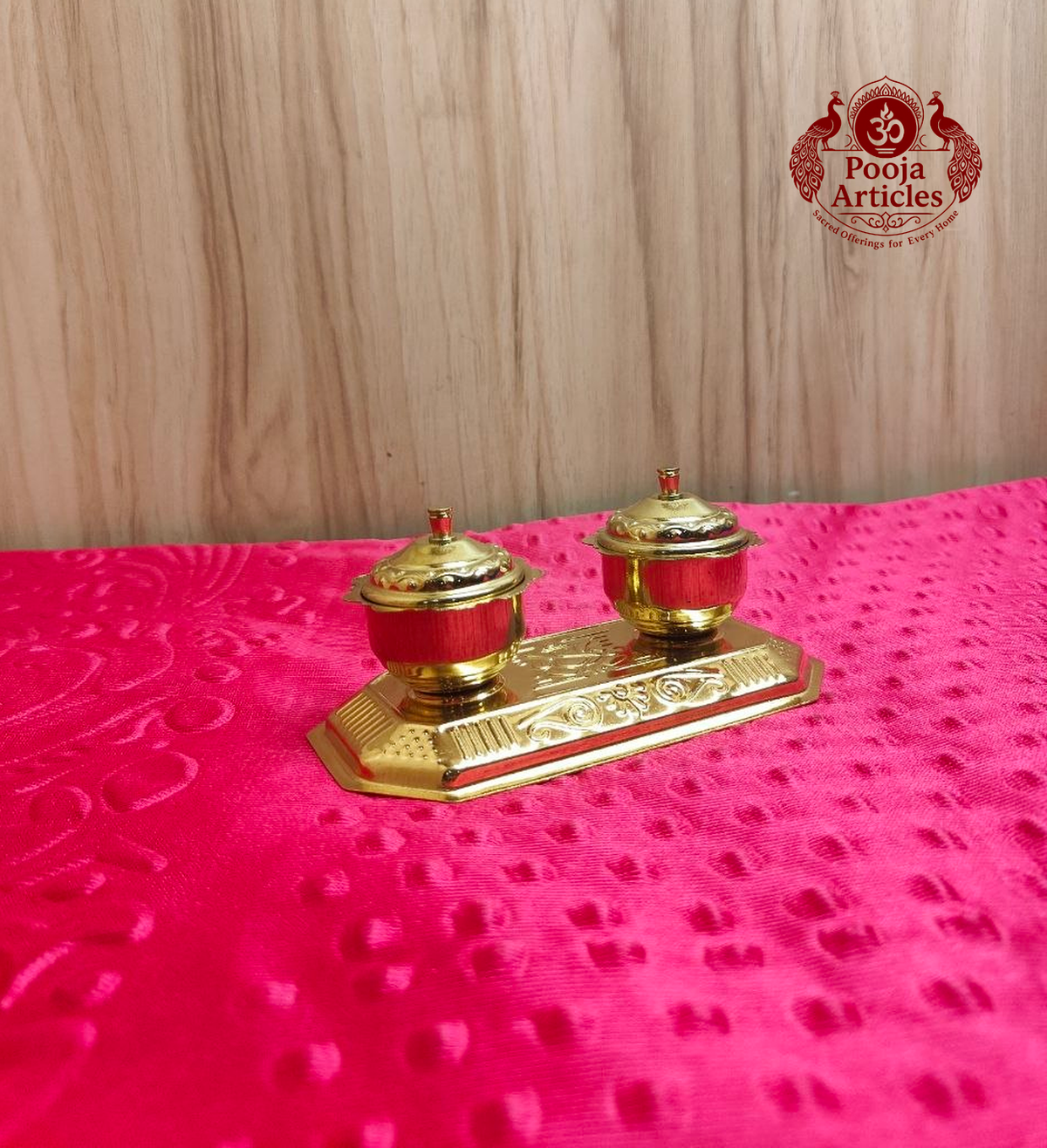 Brass Haldi Kumkum Holder Box with Lid and Base Tray 2.2 Inch 