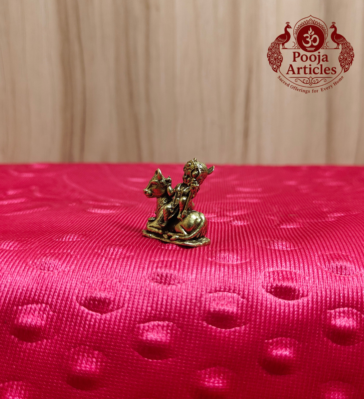 Brass Miniature Lord Krishna with Kamadhenu Cow 1 Inch - Side View