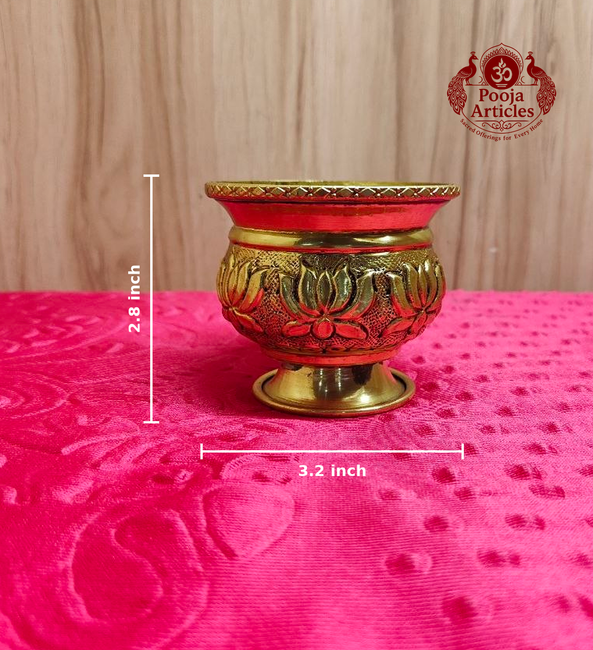 Brass Pedestal Bowl with Lotus Engraving 2.8 Inch 