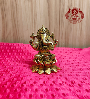 Brass Seated Ganesha on Lotus Idol 4.5 Inch