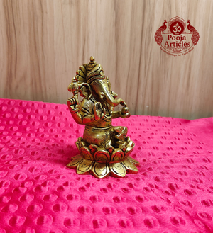 Brass Seated Ganesha on Lotus Idol 4.5 Inch