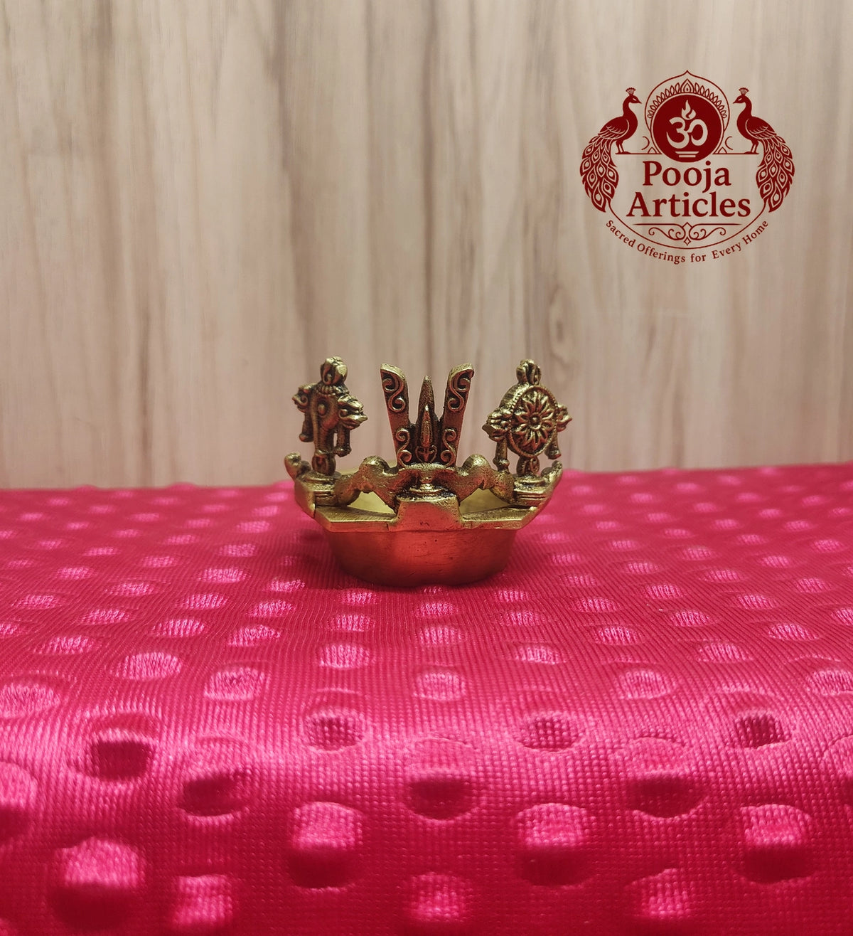 Brass Shankh Chakra Namah Diya 2.2 Inch - back view showing all three Vaishnava symbols and heart-shaped diya base from behind