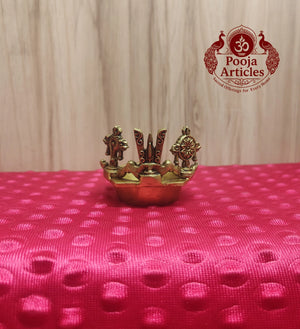 Brass Shankh Chakra Namah Diya 2.2 Inch - back view showing all three Vaishnava symbols and heart-shaped diya base from behind