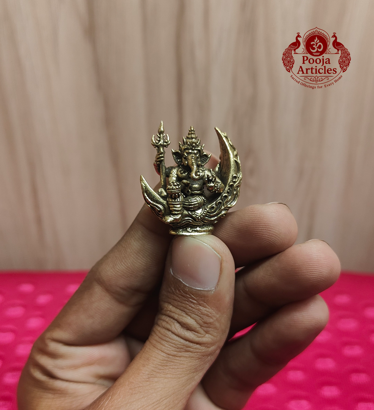 Miniature Brass Chandrama Ganesha Statue 1.2 Inch - Front view with dimensions