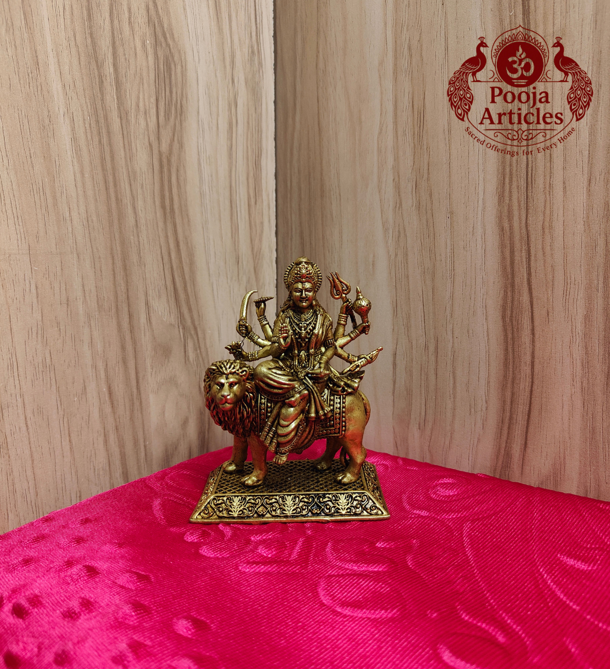 Brass Durga Devi Statue with Lion 4 Inch - Three-Quarter View