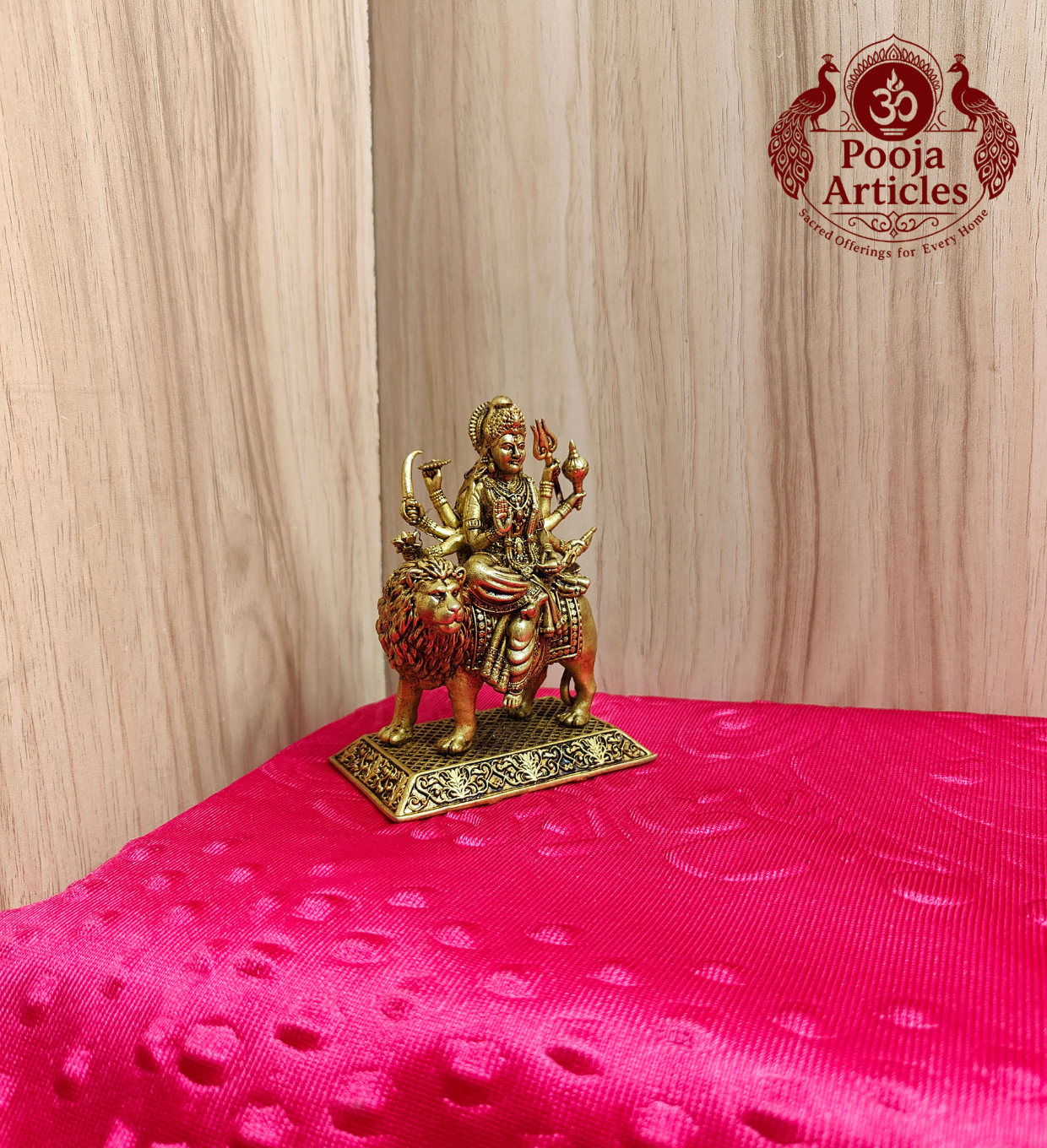 Brass Durga Devi Statue with Lion 4 Inch - Front View