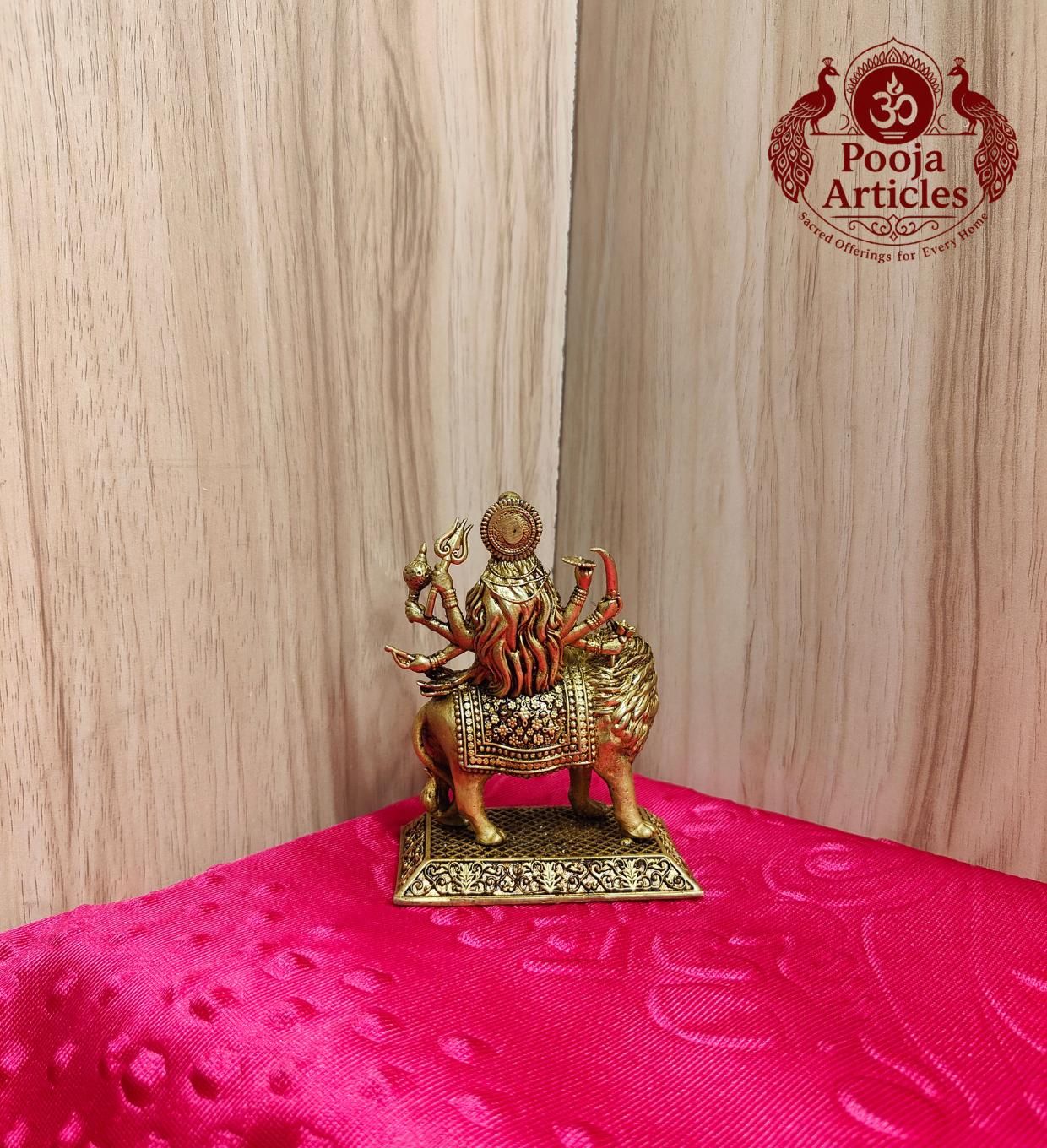 Brass Durga Devi Statue with Lion 4 Inch - Back View