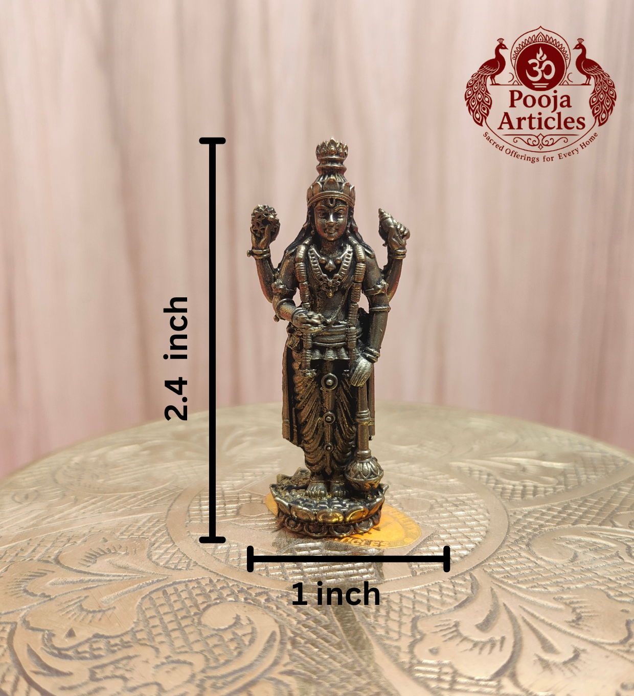 Premium Brass Guruvayoorappan Statue 2.4 Inch - front view with dimensions 2.4 x 1 inch