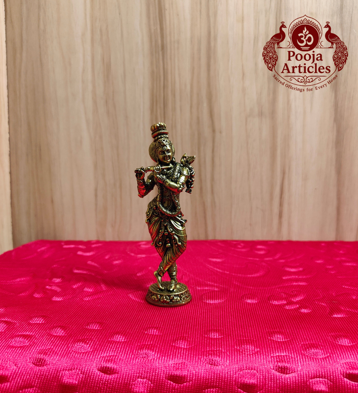 Premium Brass Krishna Statue 4.2 Inch - Three-Quarter View
