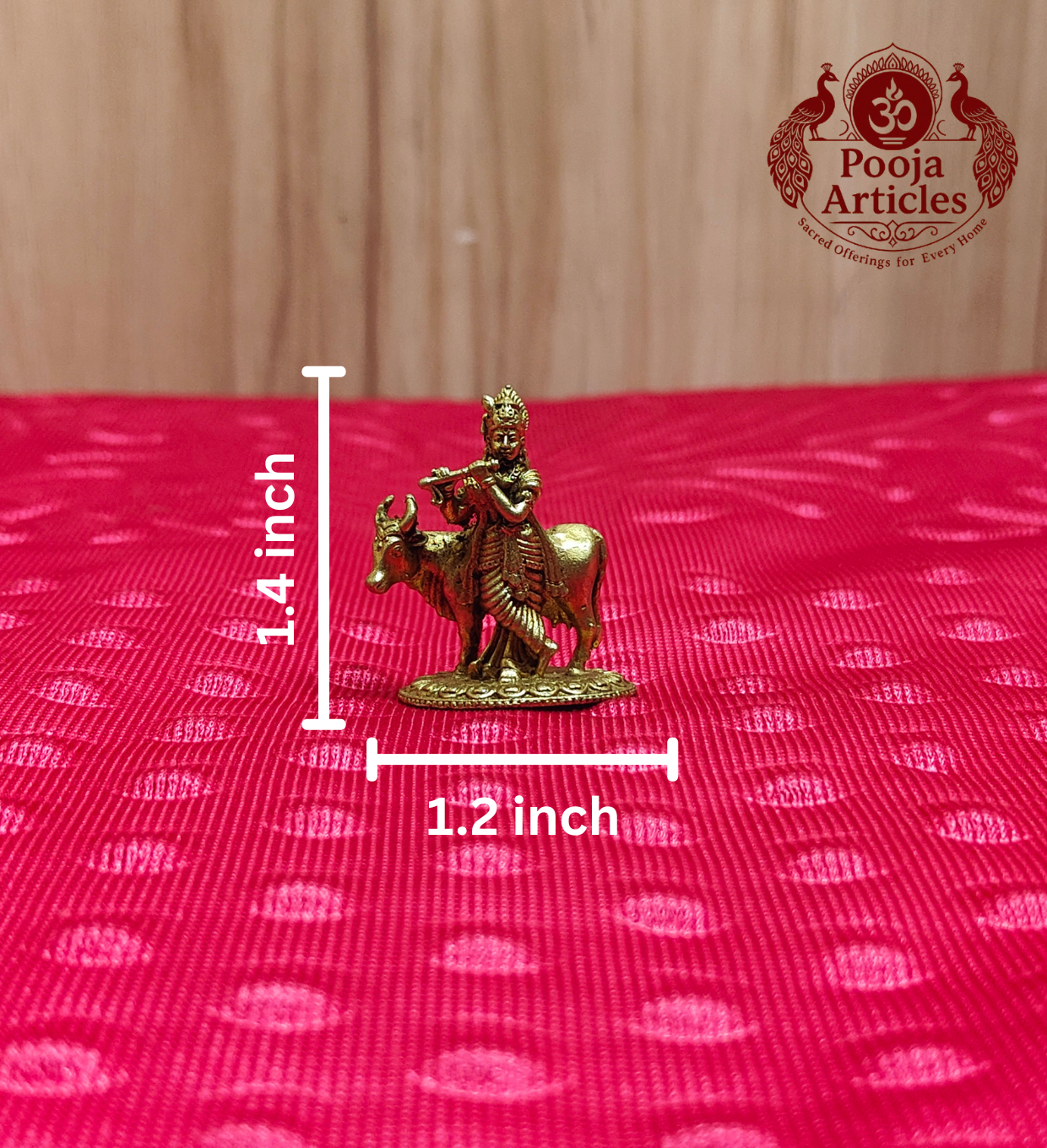 Premium Brass Krishna Statue with Cow 1.4 Inch