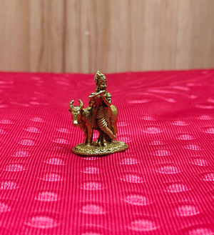Premium Brass Krishna Statue with Cow 1.4 Inch