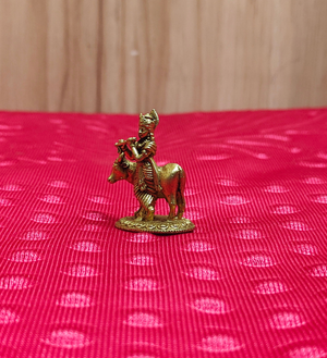 Premium Brass Krishna Statue with Cow 1.4 Inch