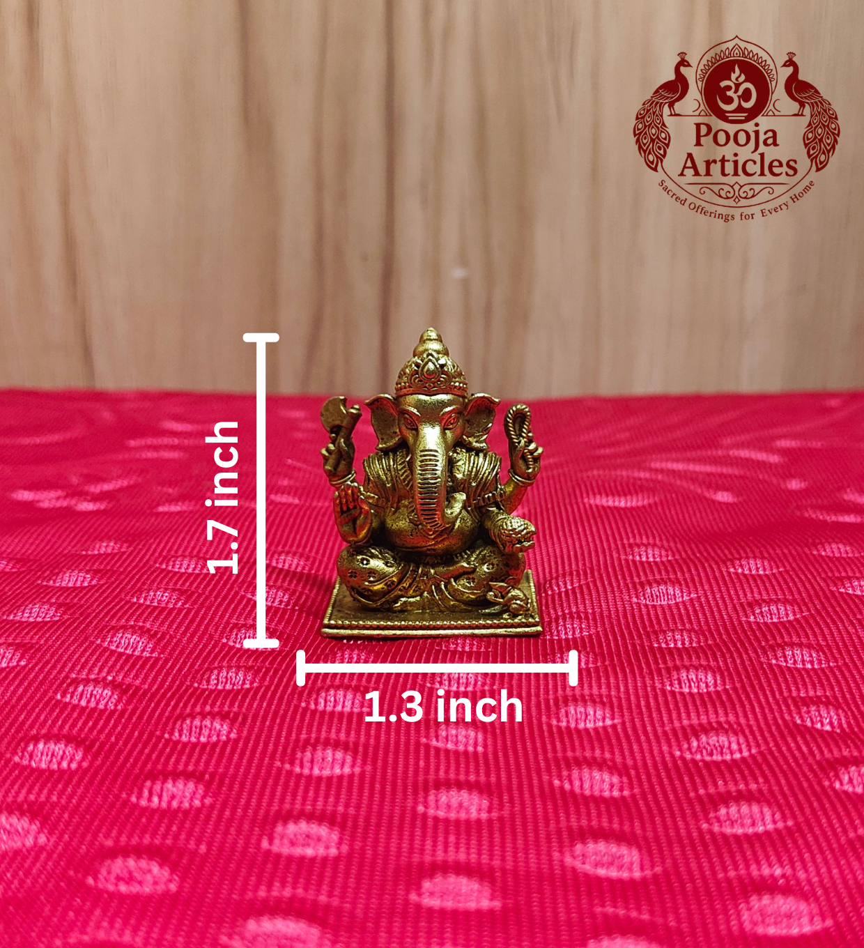 Premium Brass Lord Ganesha Idol 1.7 Inch - front view with dimensions 1.7 x 1.3 inch