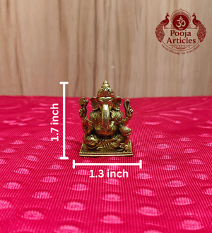 Premium Brass Lord Ganesha Idol 1.7 Inch - front view with dimensions 1.7 x 1.3 inch