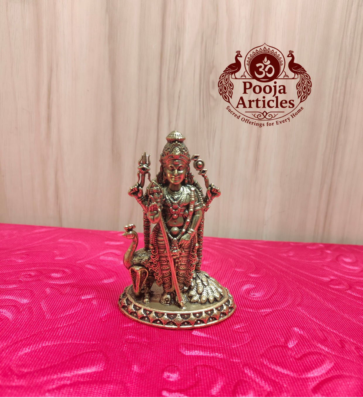 Premium Brass Murugan - Front view with Vel and peacock
