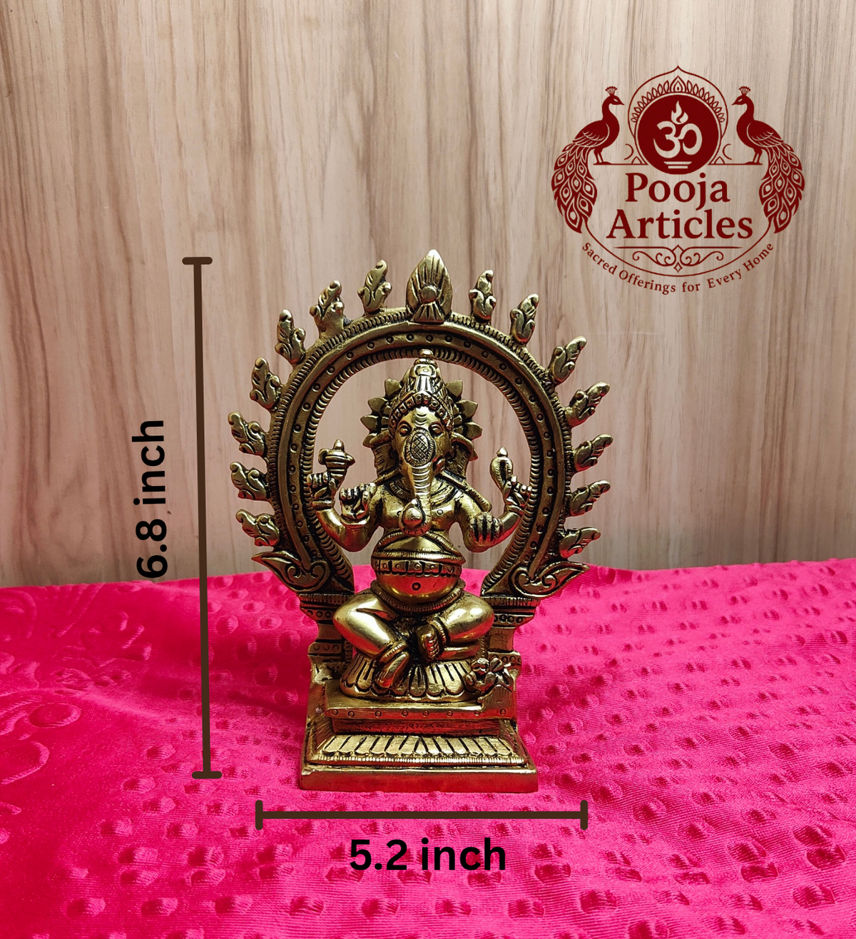 Premium Brass Seated Ganesha Idol with Prabhavali Frame 6.8 Inch