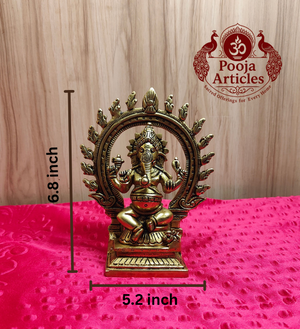 Premium Brass Seated Ganesha Idol with Prabhavali Frame 6.8 Inch