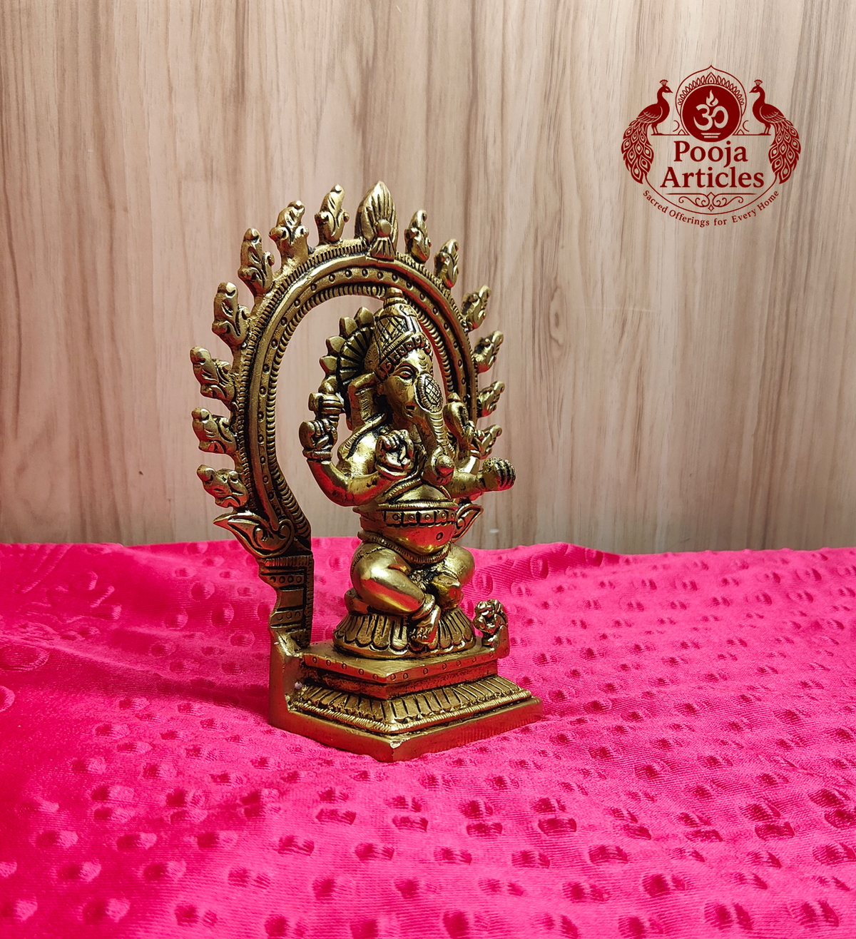 Premium Brass Seated Ganesha Idol with Prabhavali Frame 6.8 Inch