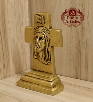 Brass Cross Statue with Jesus Face 4.2 Inch