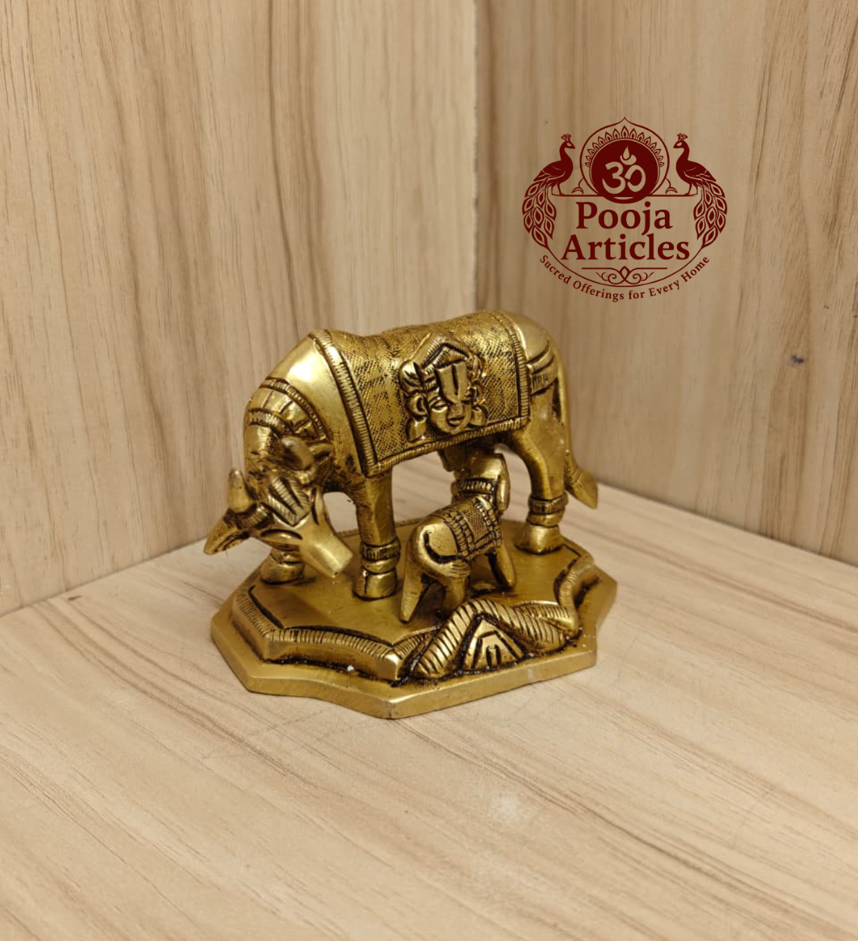 Brass Kamadhenu Cow and Calf Statue 3 Inch