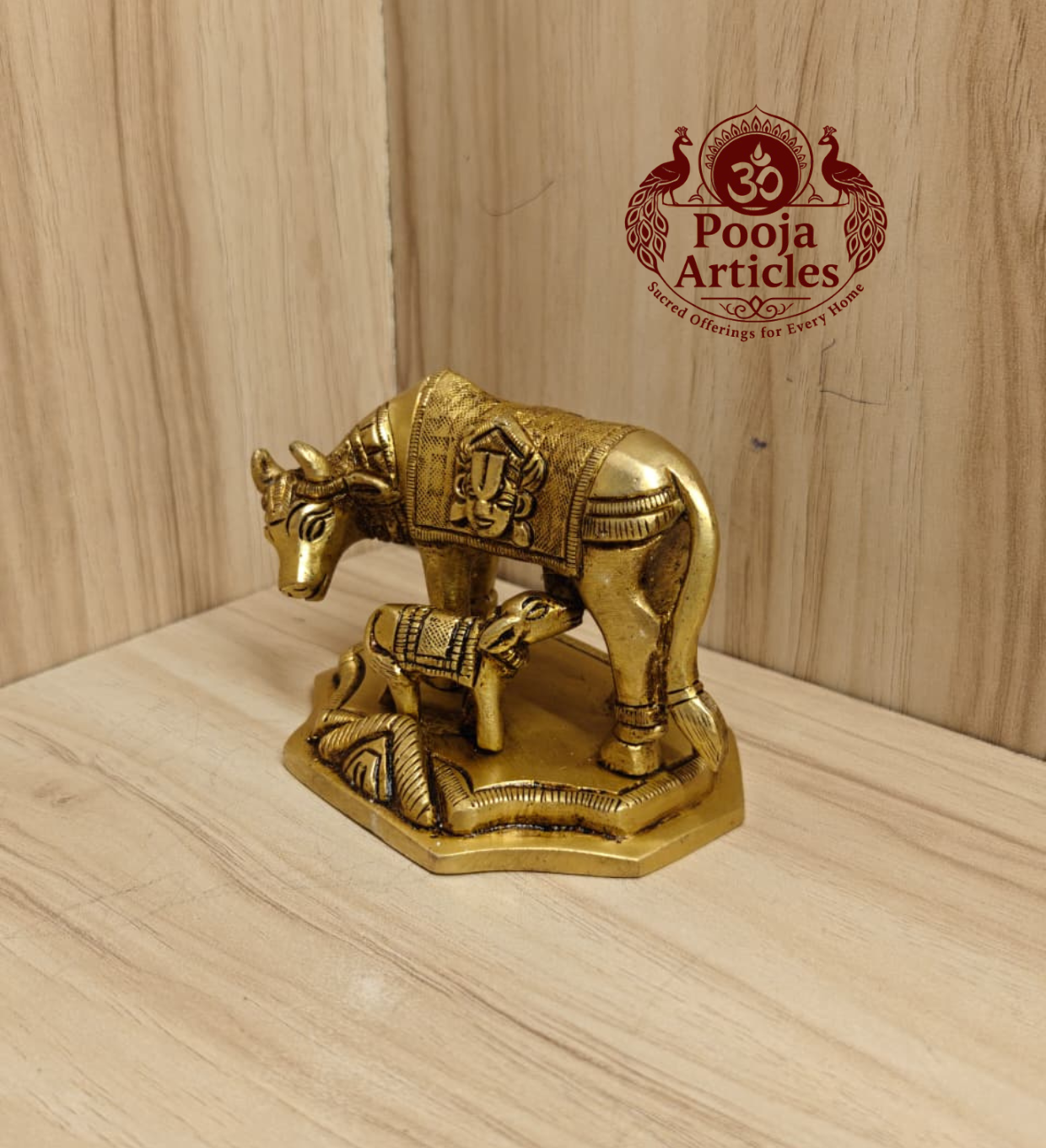 Brass Kamadhenu Cow and Calf Statue 3 Inch