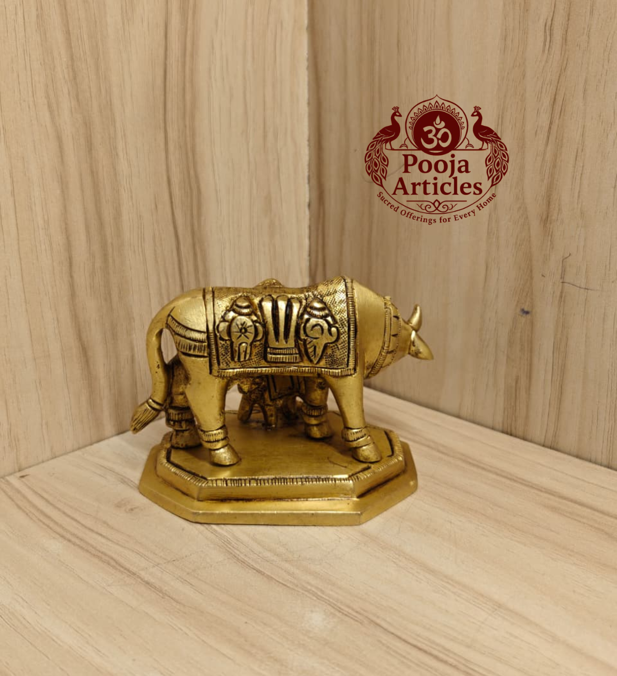 Brass Kamadhenu Cow and Calf Statue 3 Inch