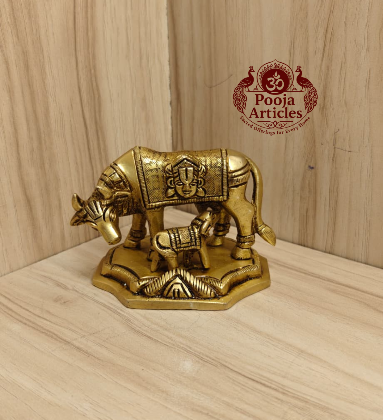 Brass Kamadhenu Cow and Calf Statue 3 Inch