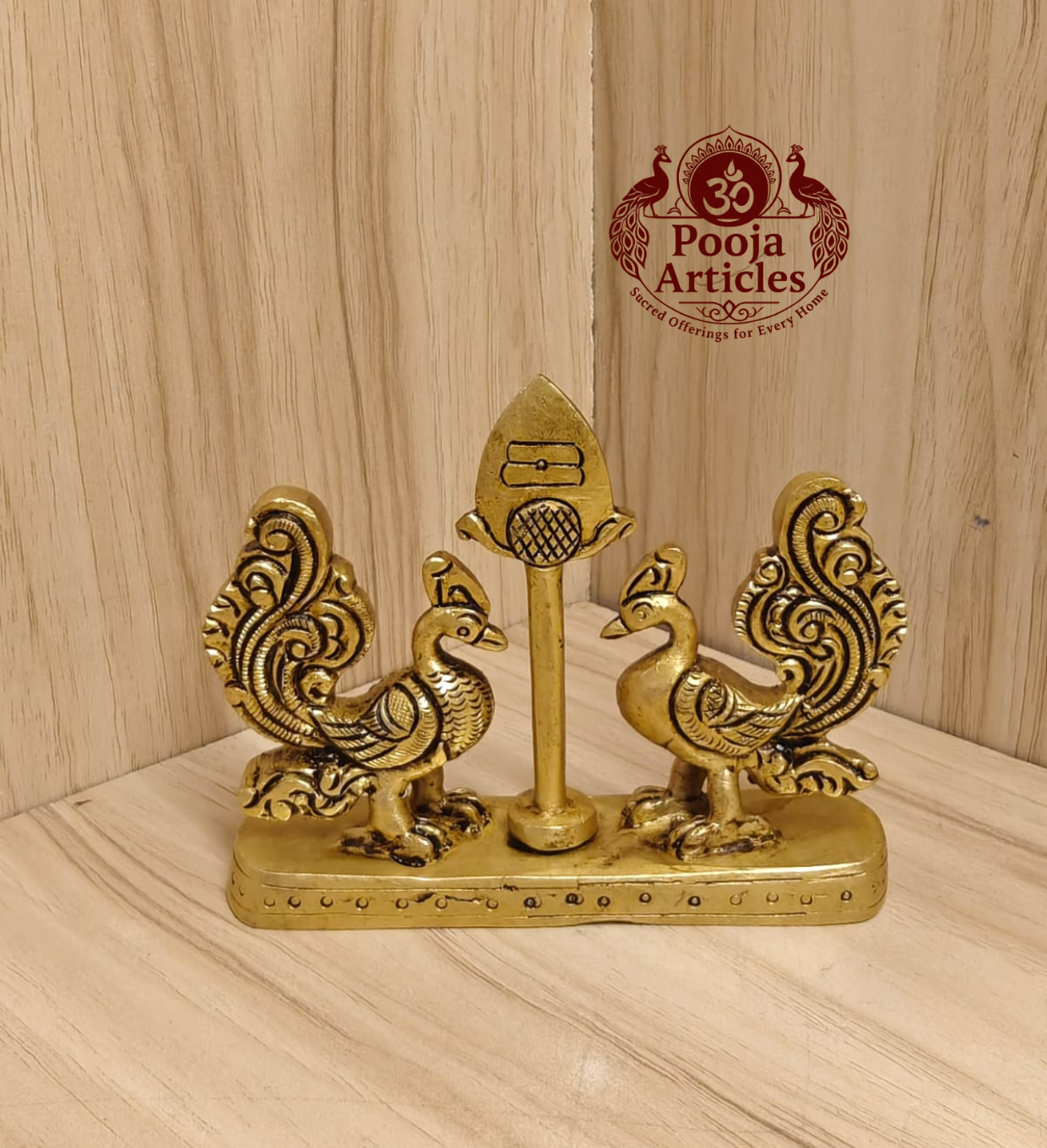 Brass Murugan Vel with Peacock 3.4 Inch