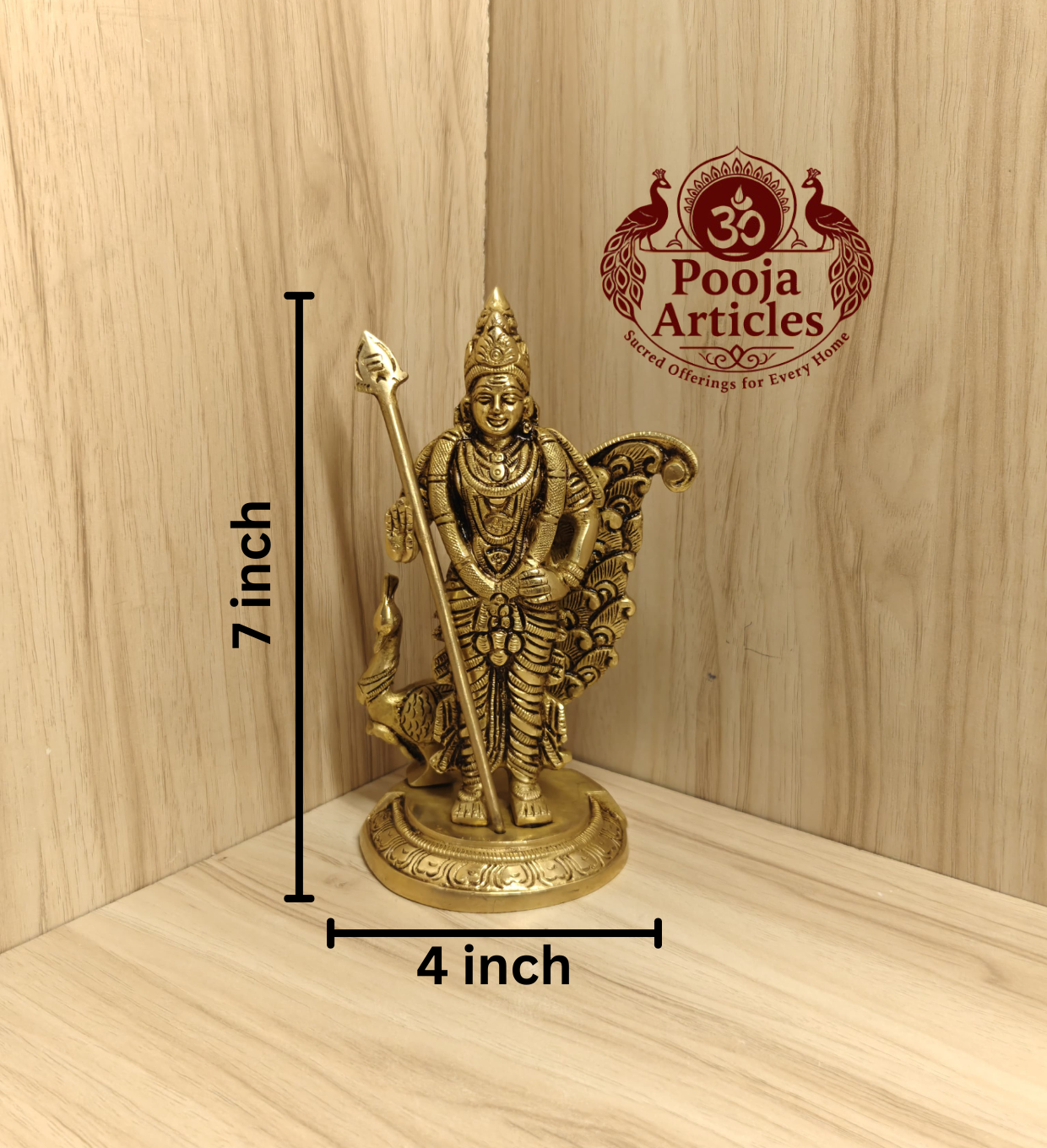Brass Peacock Murugan Statue 7 Inch