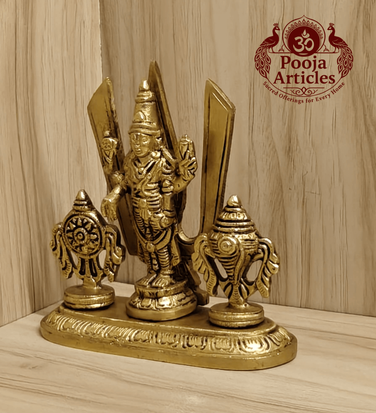Brass Shankh Chakra Stand with Perumal Idol 4.7 Inch