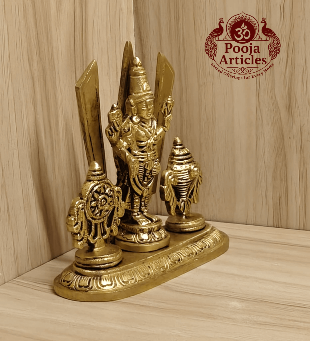 Brass Shankh Chakra Stand with Perumal Idol 4.7 Inch