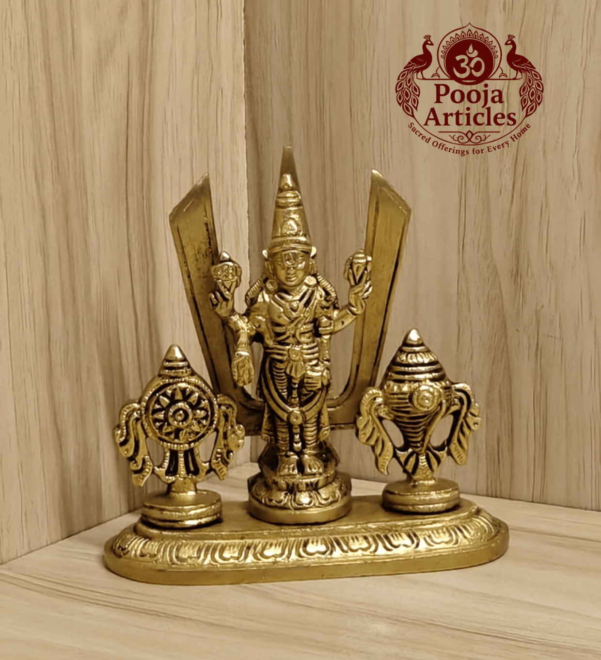 Brass Shankh Chakra Stand with Perumal Idol 4.7 Inch