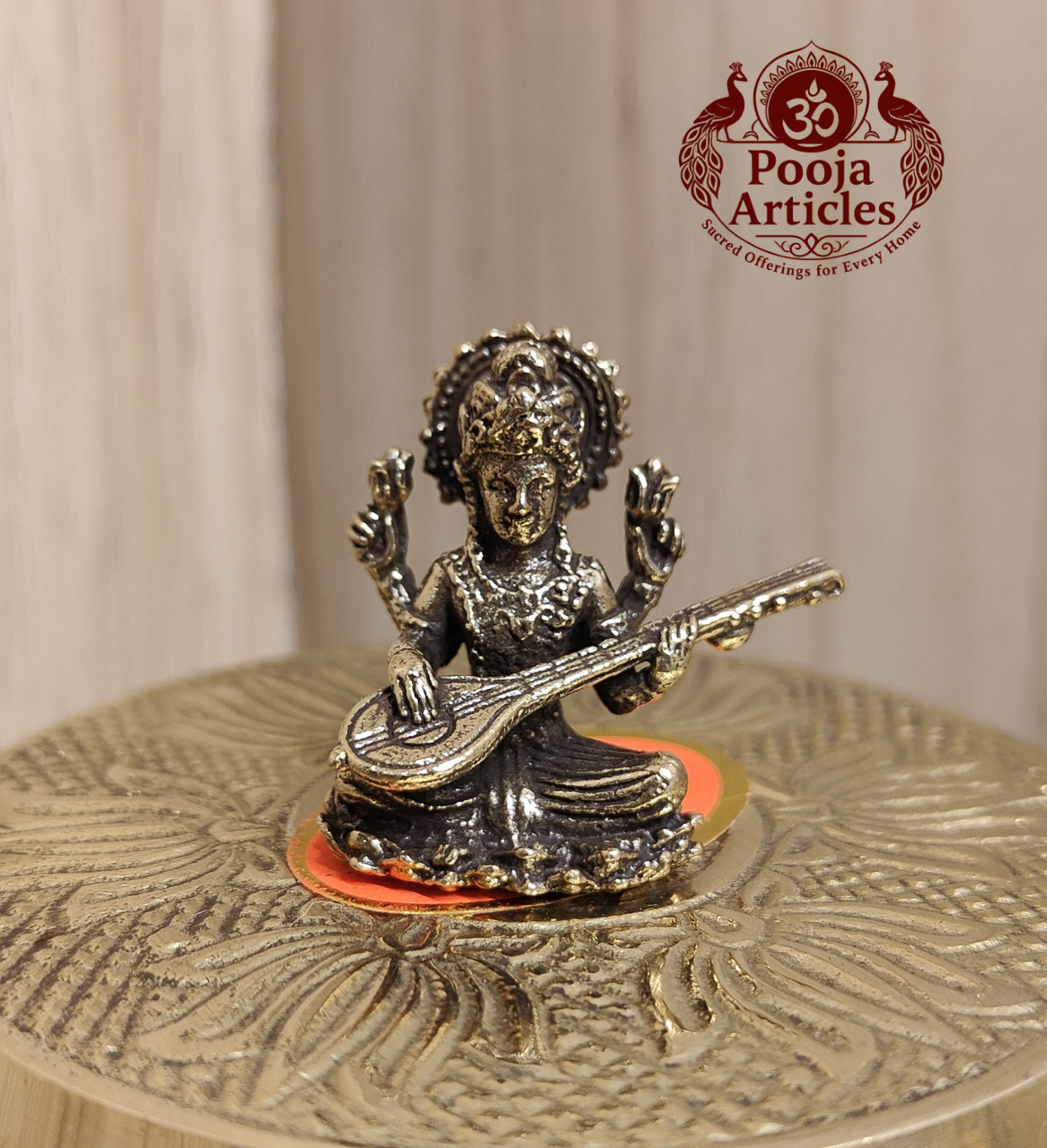 Miniature Brass Saraswati Idol 1.2 Inch