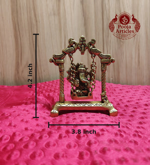 Premium Brass Ganesha on Jhula Swing Statue 4.2 Inch - Front view with dimensions 4.2 x 3.8 inch