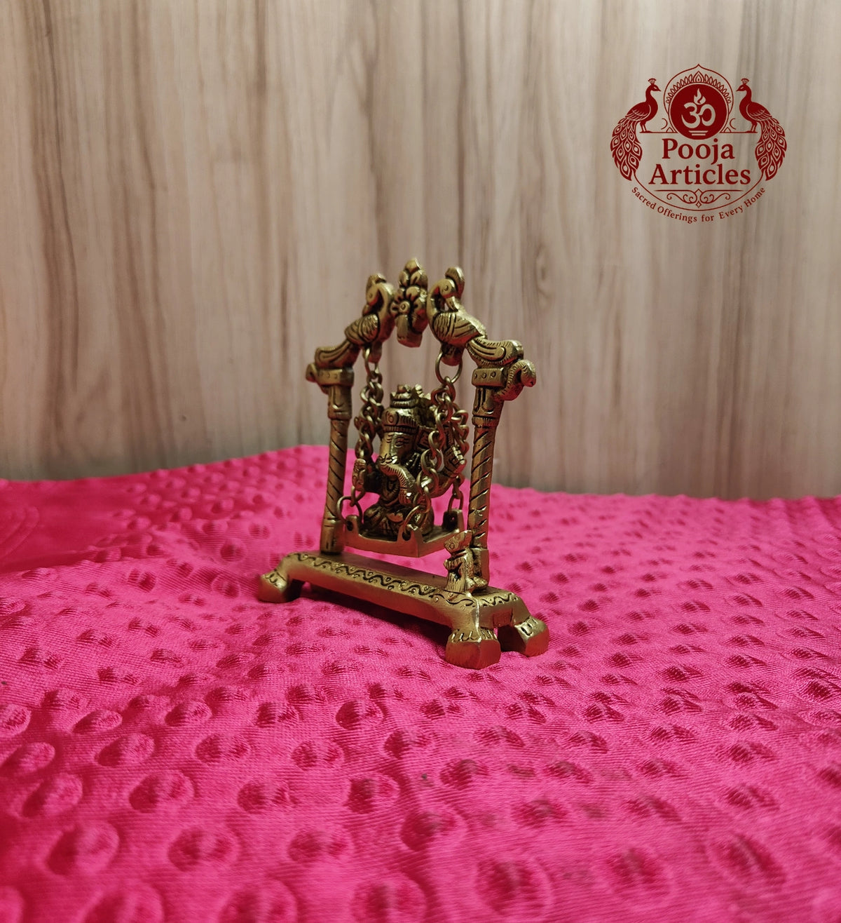 Premium Brass Ganesha on Jhula Swing Statue 4.2 Inch - Left side view showing twisted pillar and chain detail